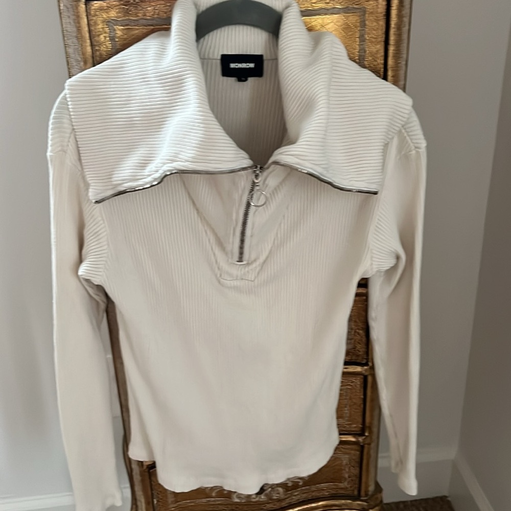 Monrow women’s cream half zip ribbed top small
